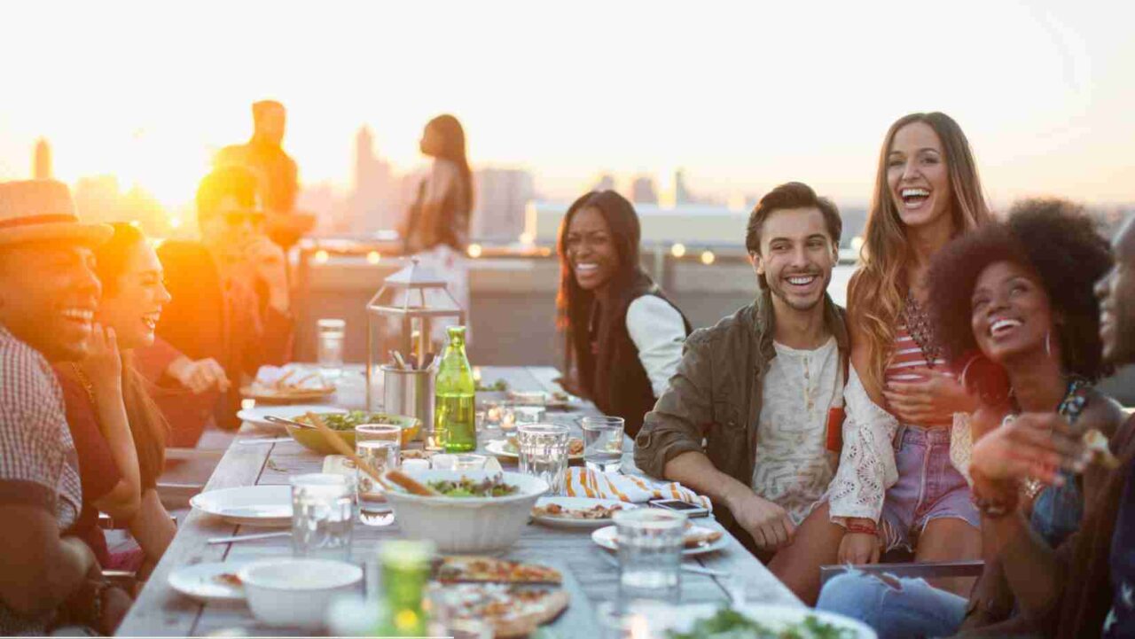 Lively party on a rooftop terrace in Leeds