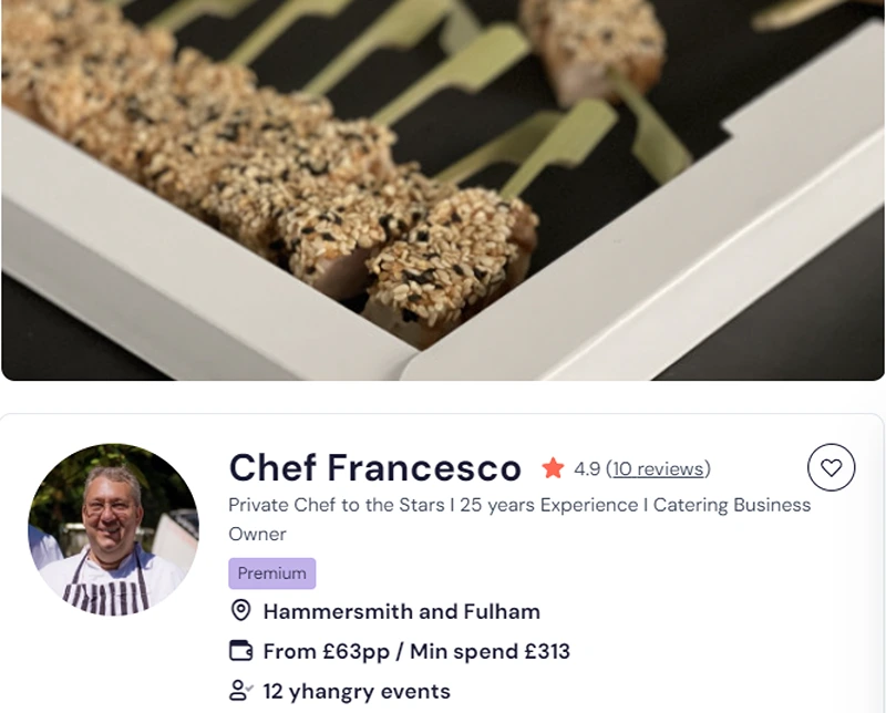 Chef Francesco’s profile to order his canapes for London catering.
