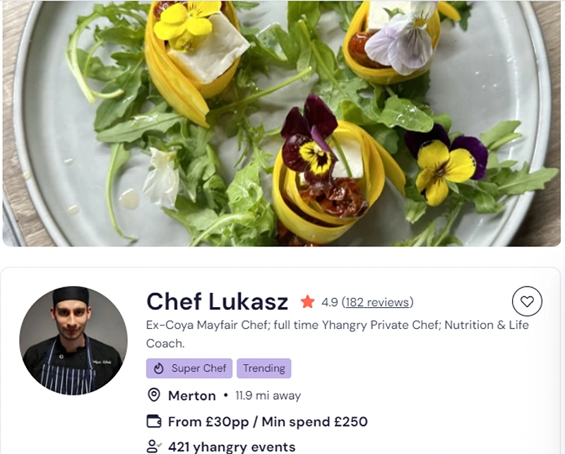 Chef Lukasz’s booking profile for canape catering in London.