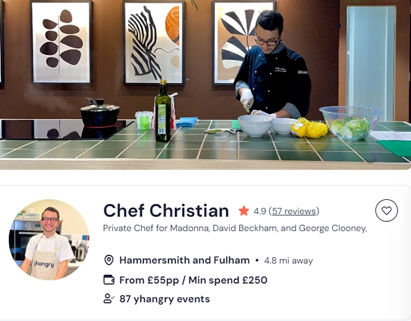 Chef Christian’s booking profile for vegan canape catering in London.
