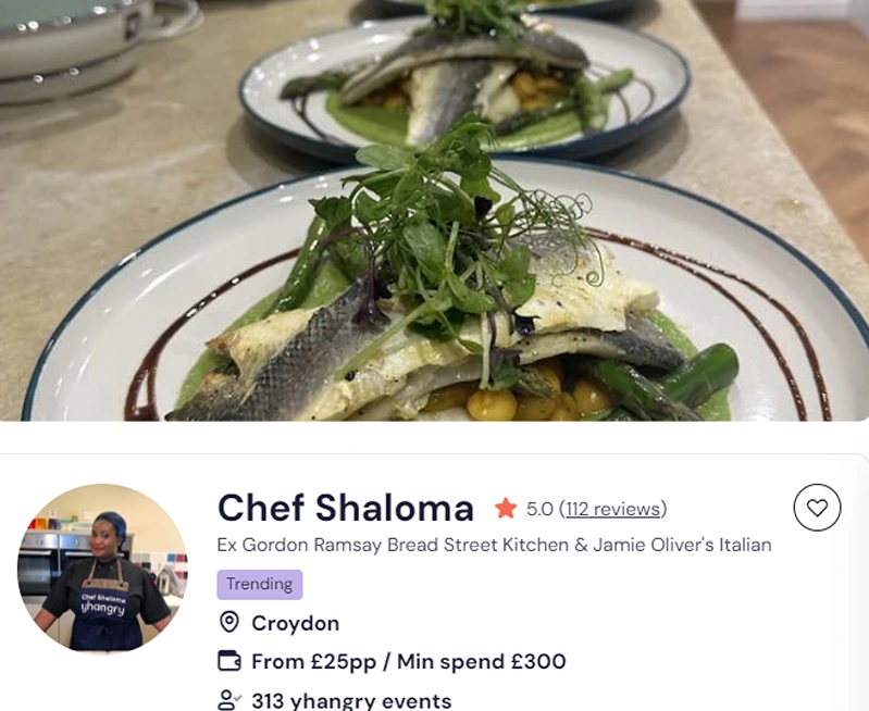 Chef Shaloma’s booking profile among canapes caterers in South London. 
