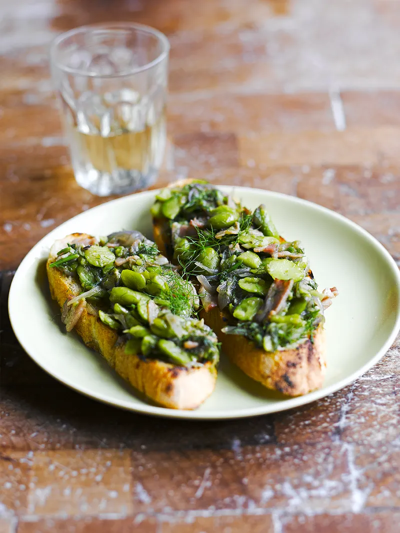 Broad Bean & Wild Fennel Bruschetta tops vegetarian dinner party menu ideas