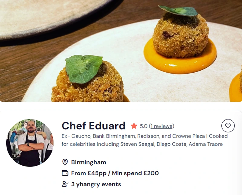 Chef Eduard’s booking page for the best cooking experience in Birmingham.
