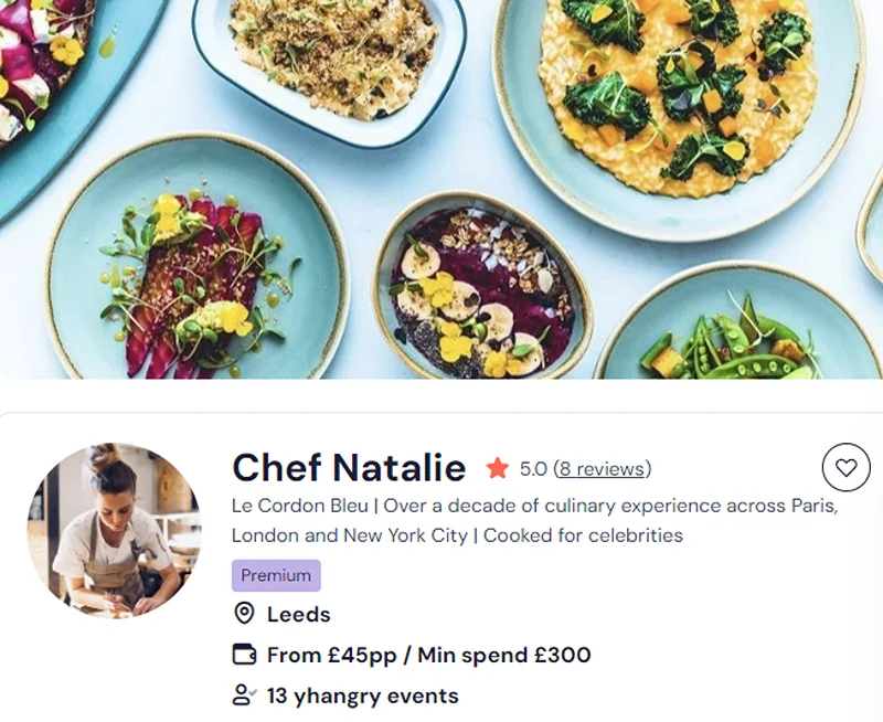 Chef Natalie’s booking profile for meal prep in Leeds city centre.
