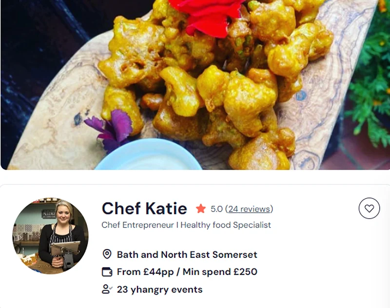 Chef Katie’s booking profile for vegan lunch in Bristol.