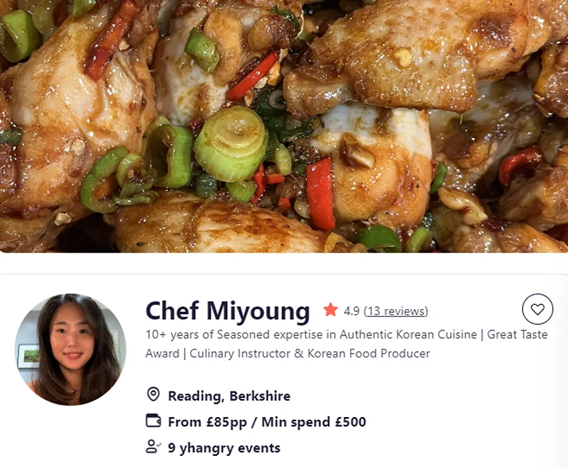 Chef Miyoung’s booking page for BBQ catering in Hampshire.