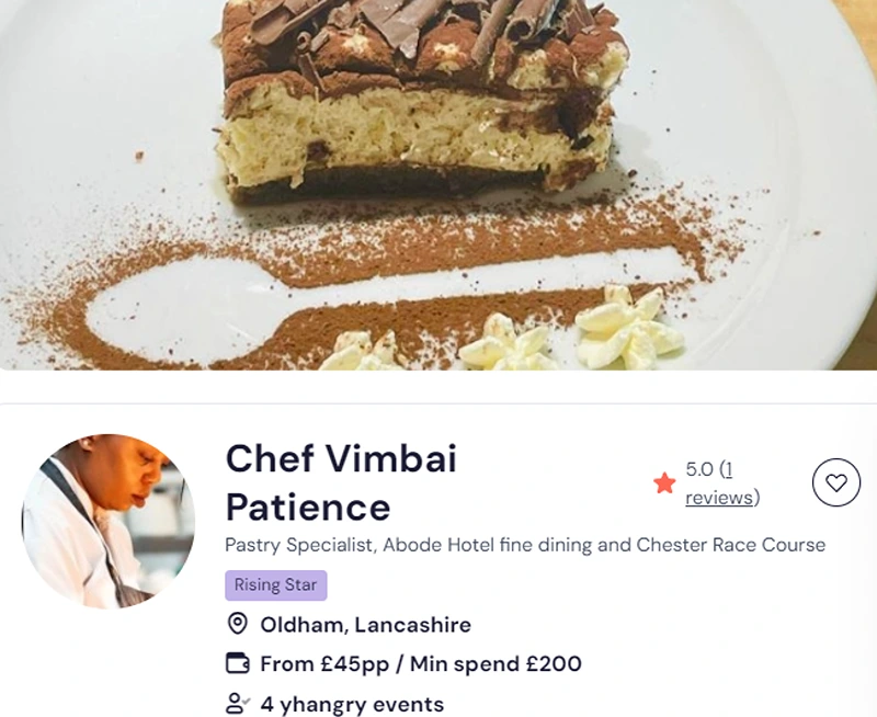 Chef Vimbai’s booking page to hire him for cookery classes in Leeds.