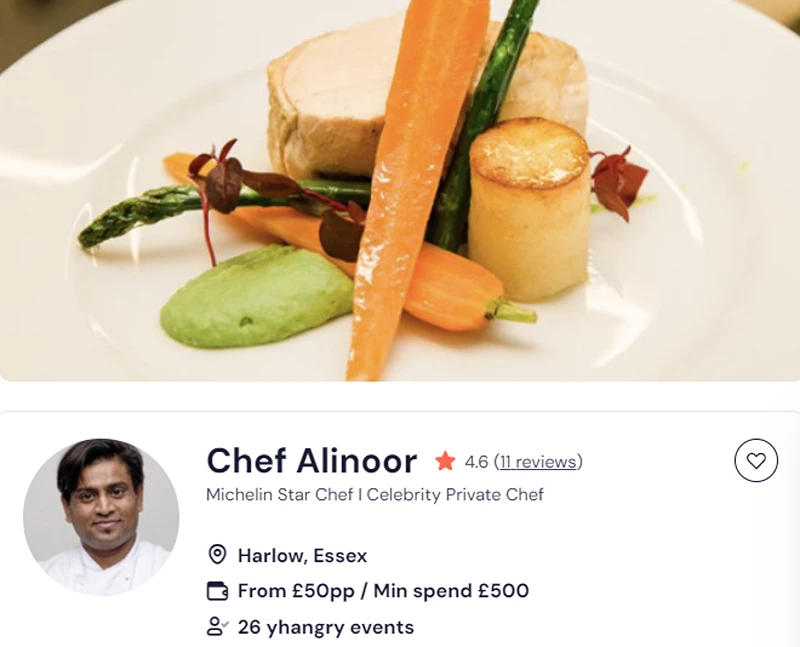 Chef Alinoor’s profile to book him for pasta-making class in Birmingham.
