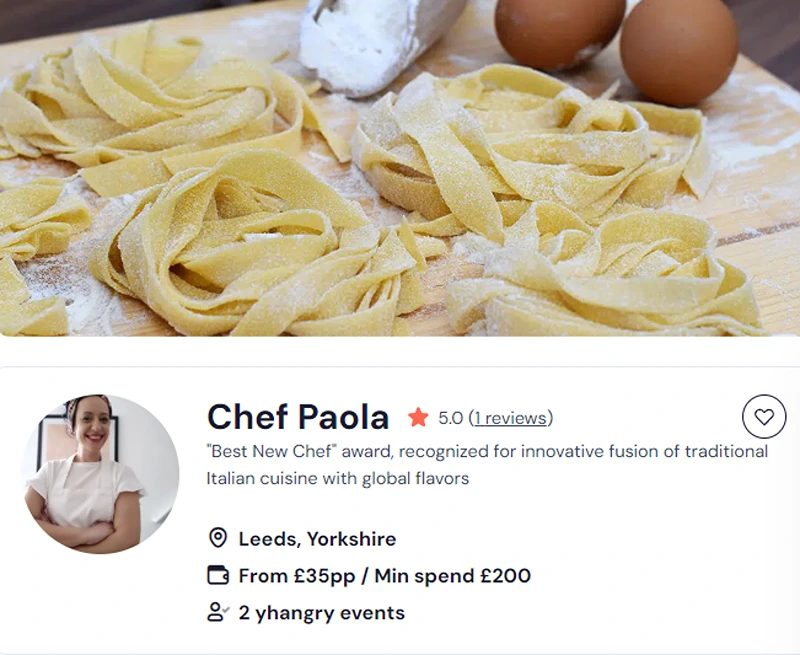 Booking page of Chef Paola’s cooking classes in Leeds city centre.
