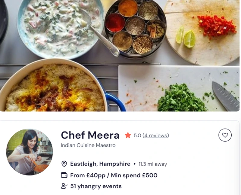 Chef Meera’s credentials for event catering in Hampshire.