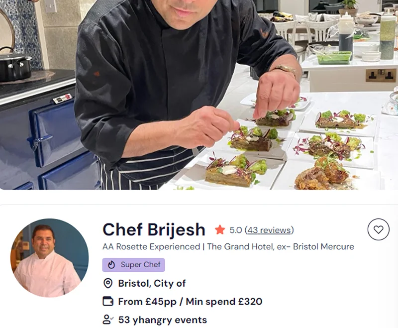 Chef Brijesh’s booking page for meal prep services in Bristol.