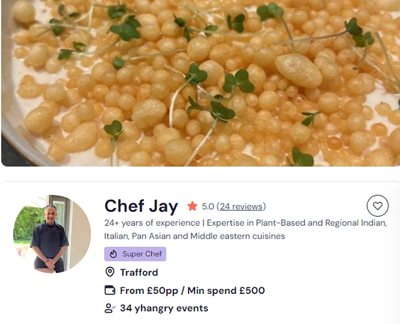 Chef Jay’s profile to book his meal prep delivery in Leeds.