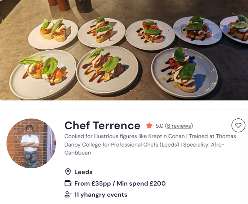 Chef Terrence’s credentials for meal prep services in Leeds.