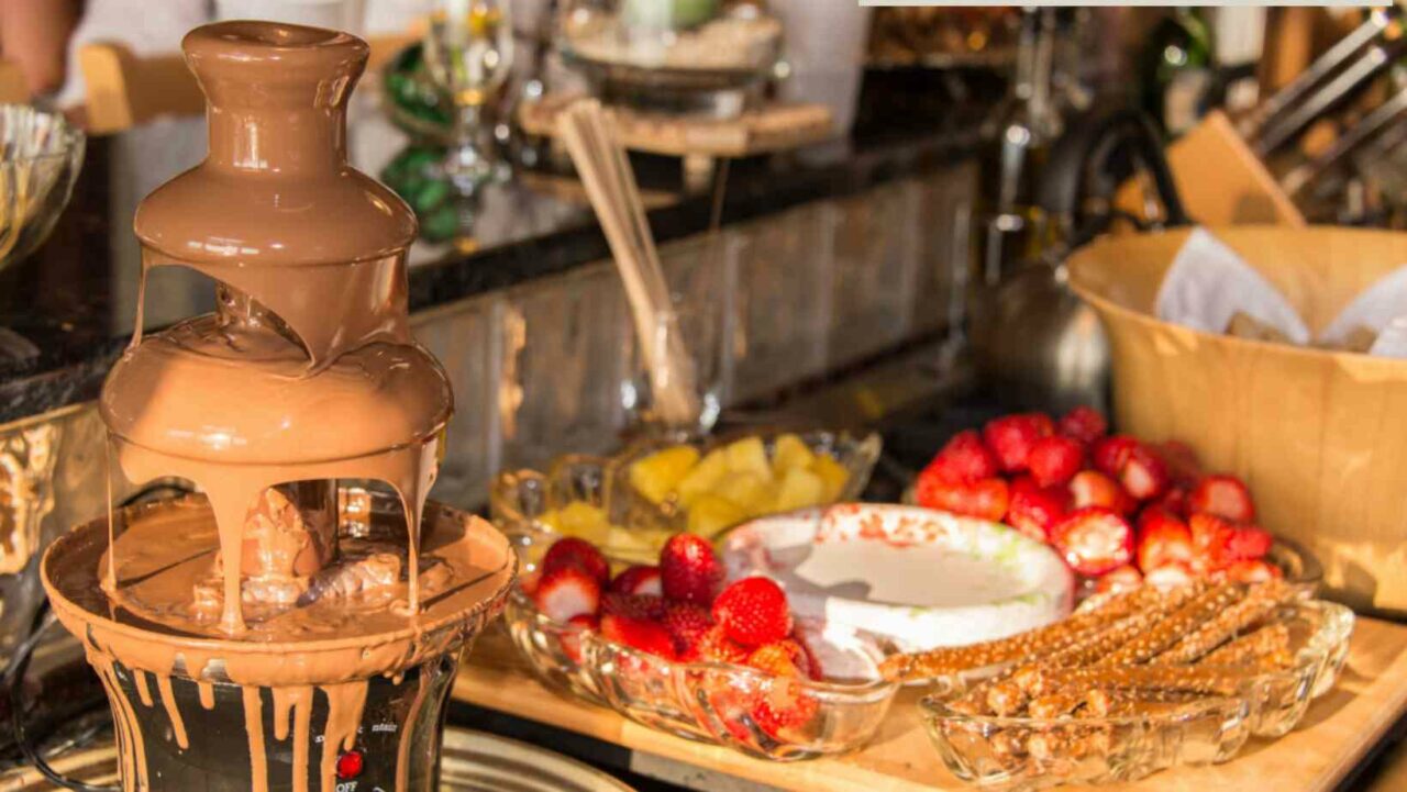 Chocolate fondue is a fun Christmas food idea for a party.