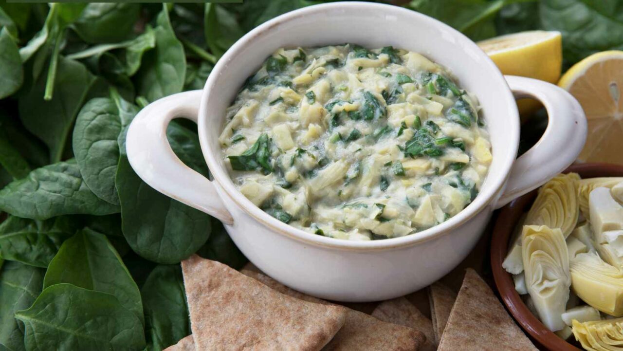 Spinach and Artichoke Dip is an easy party food idea for Christmas.