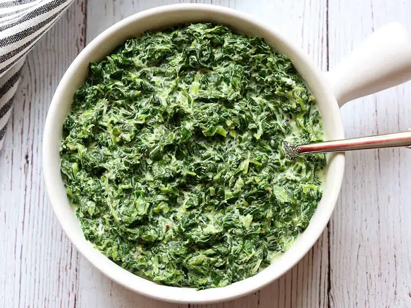 A bowl of creamed spinach, a tasty veg for Xmas dinner.