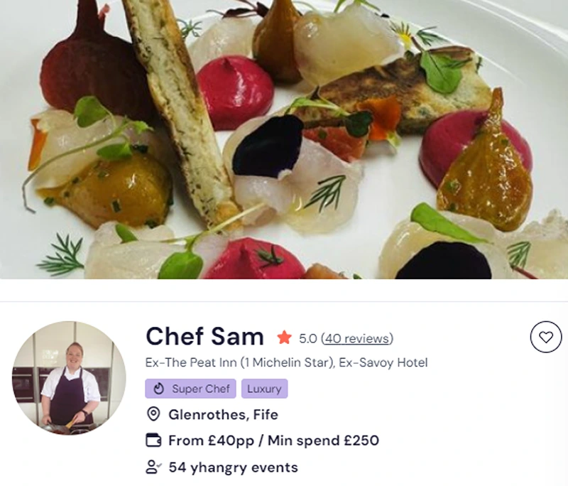 Chef Sam’s profile for afternoon tea private hire.