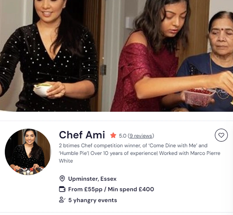 Chef Ami’s yhangry profile for private hire afternoon tea.