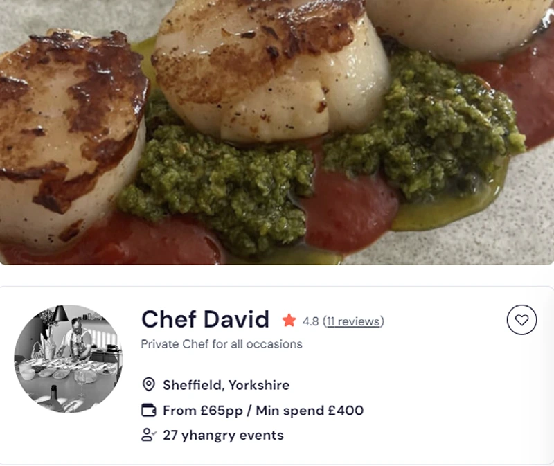 Chef David’s yhangry profile showcasing his Chinese chef Retford menu.