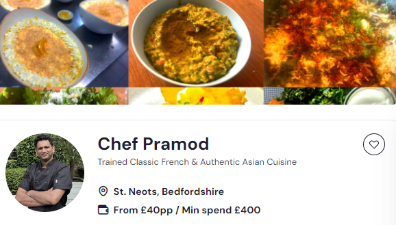 chef pramod's Indian chef Peterborough menu