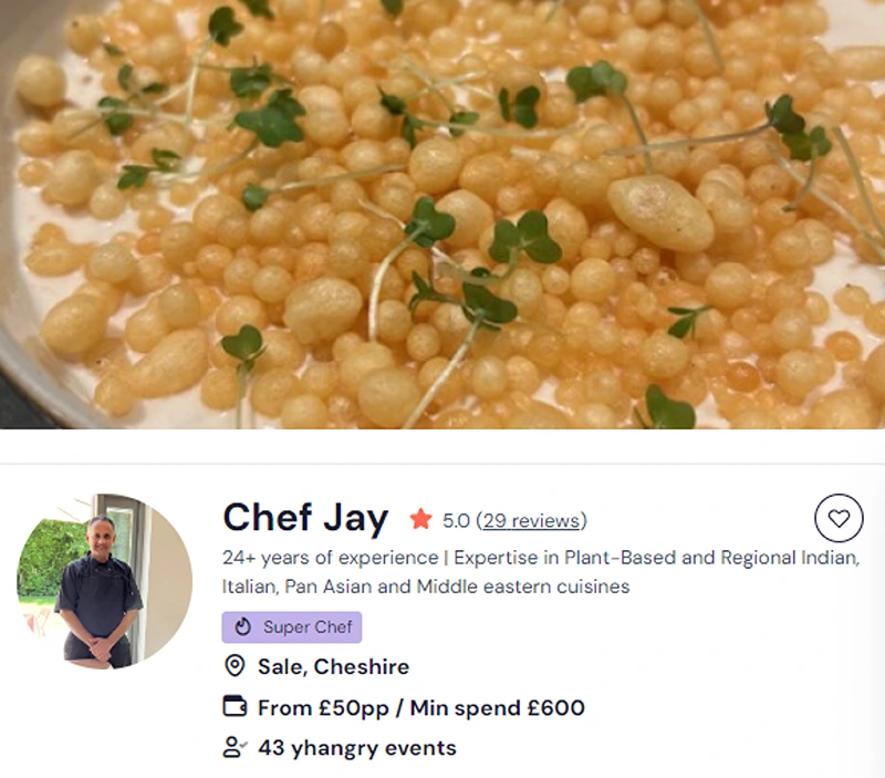 Chef Jay’s profile showcasing his Indian chef Sheffield menu.