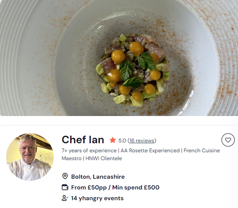 Chef Ian’s yhangry profile highlighting his Indian chef Lanchester menu. 