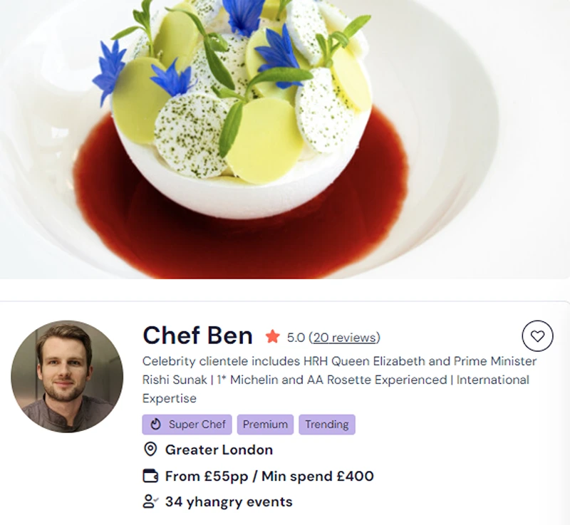 Chef Ben’s profile for private hire afternoon tea in London.