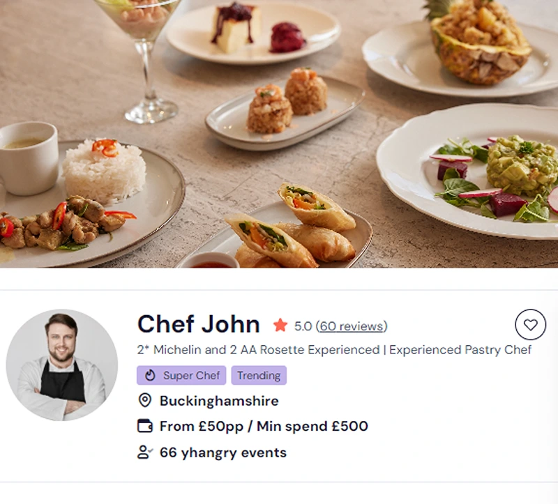 Chef John’s yhangry profile for private hire afternoon tea.