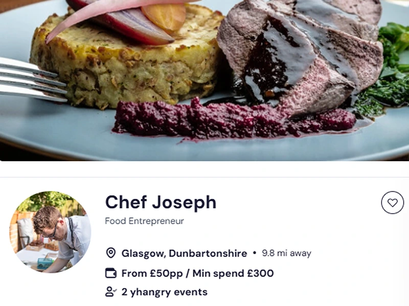 Chef Joseph’s profile highlighting breakfast buffet cost per person.