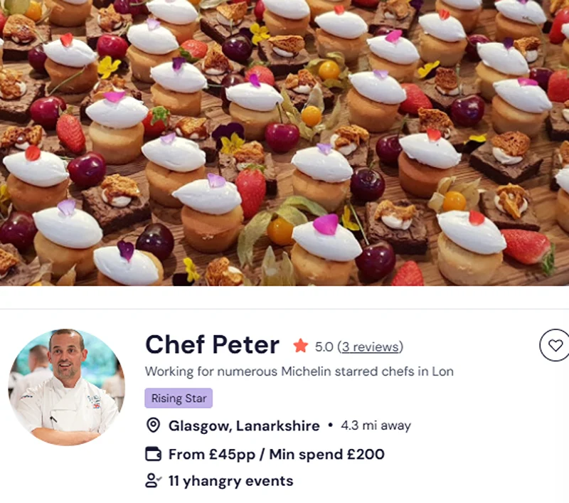 Chef Peter’s booking details for buffet breakfast in Glasgow city centre.