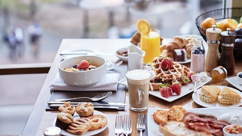 A table spread of breakfast buffet in Glasgow.