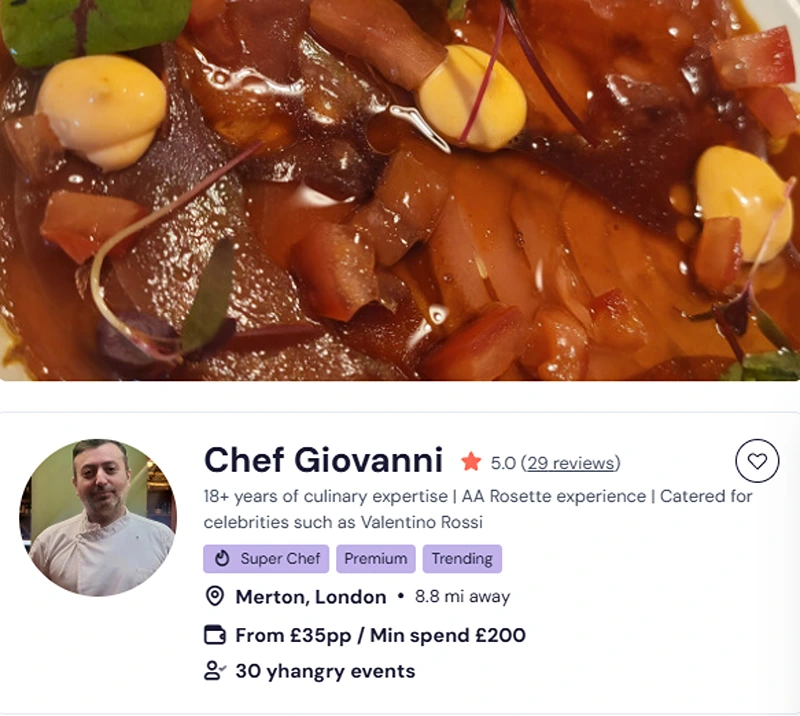 Chef Giovanni’s booking profile among London caterers for canapes.
