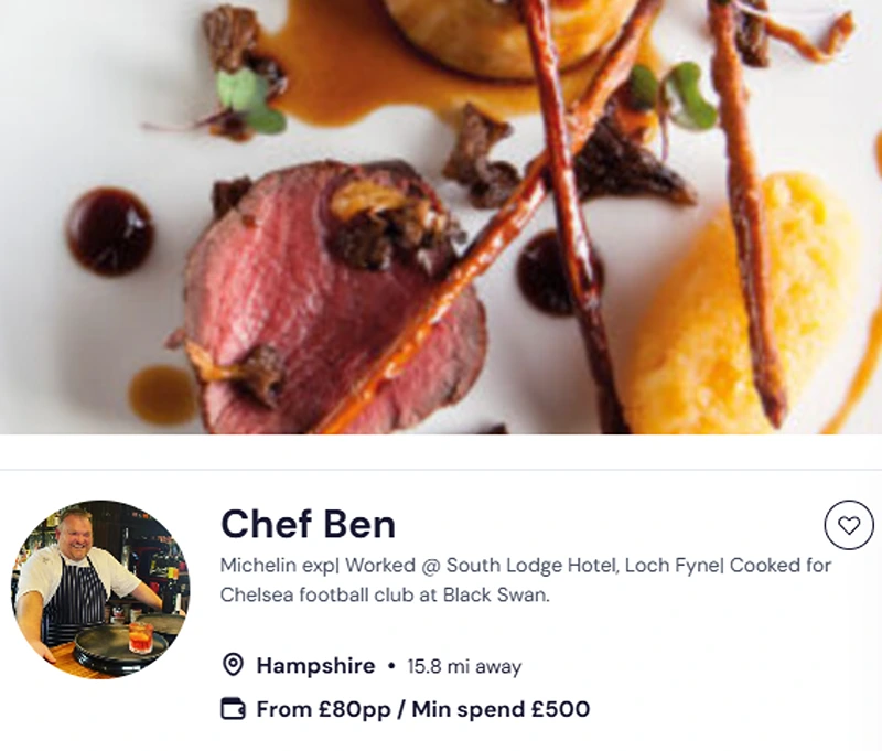 Chef Ben’s credentials for Hampshire party catering.