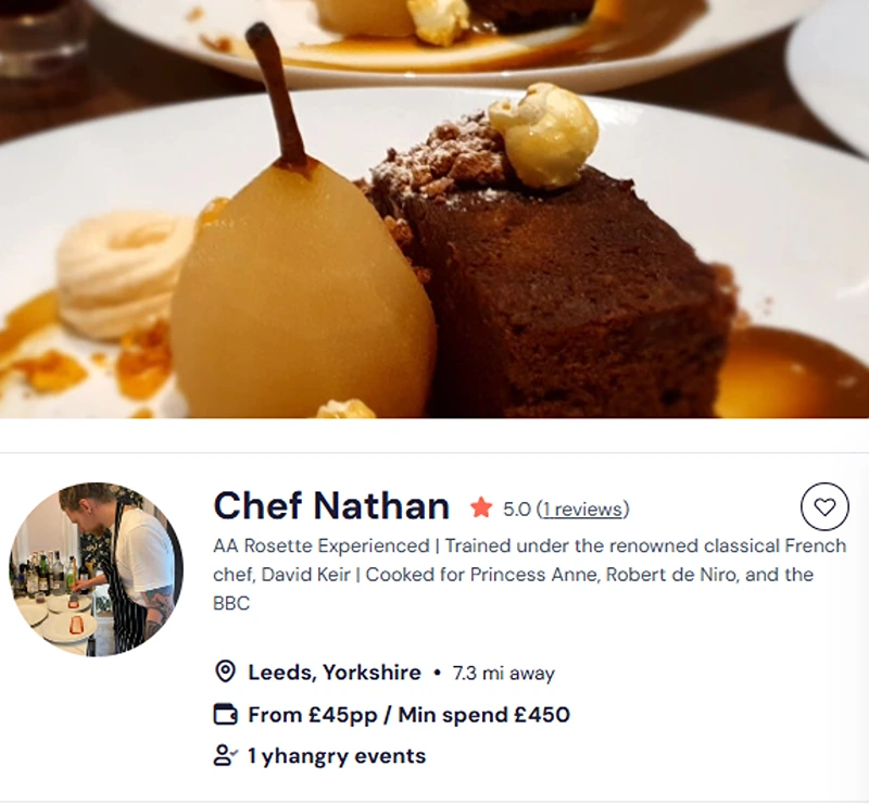 Booking page for Chef Nathan’s Leeds meal prep services.
