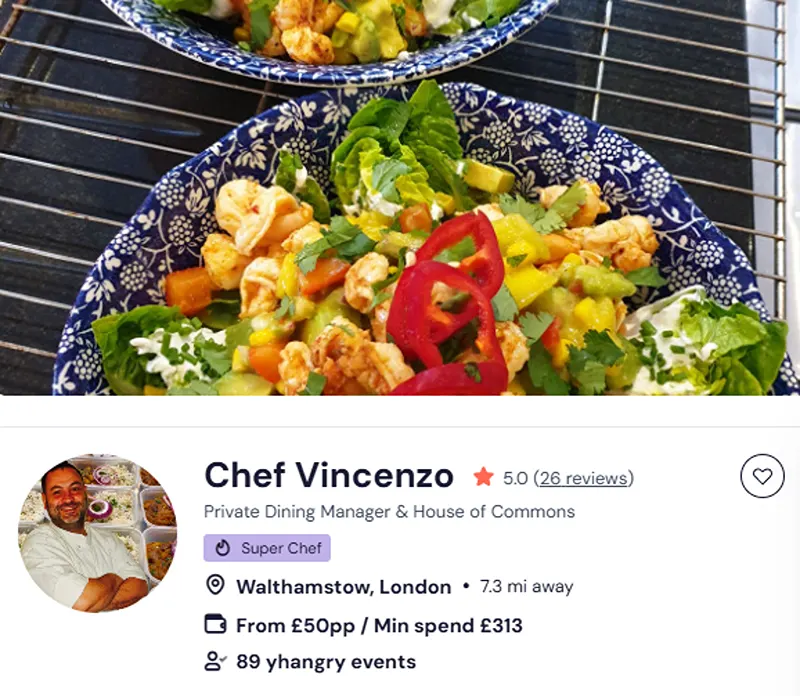 Chef Vincenzo’s booking profile for Christmas canape catering in London.