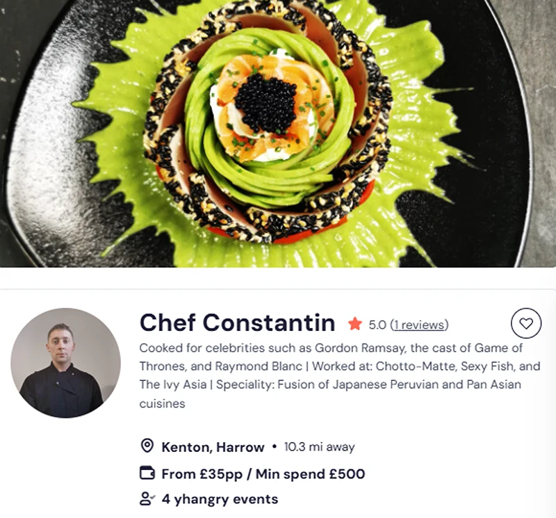 Chef Constantin’s booking page for Japanese buffet in London. 