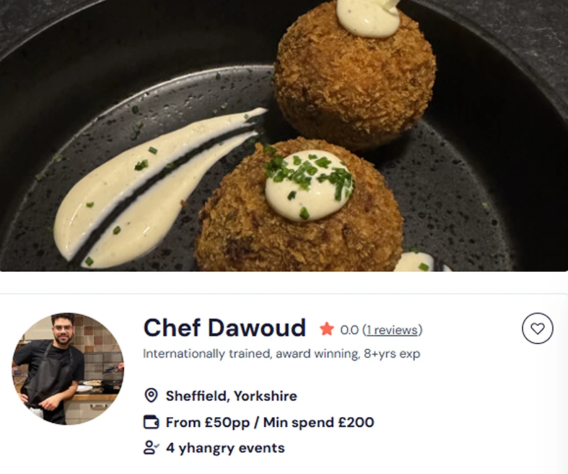 Chef Dawoud’s details to book his private cooking lessons in Leeds.