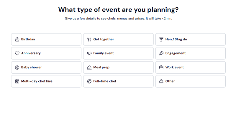 Yhangry request form to book private jet food catering.