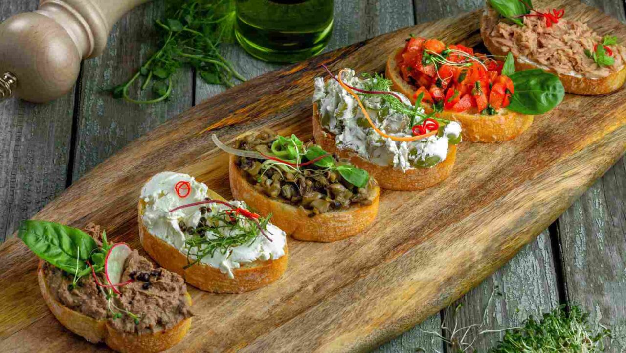 Bruschettas are a great option as an assorted canape platter idea.