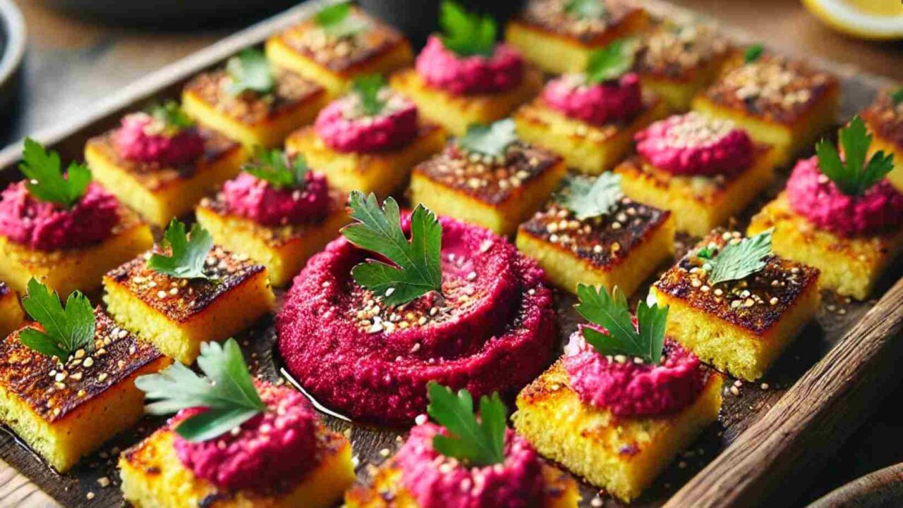 Polenta squares on a black canape presentation platter.