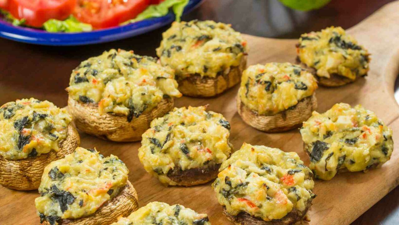 Crabs stuffed mushrooms are a hearty addition to a canape platter